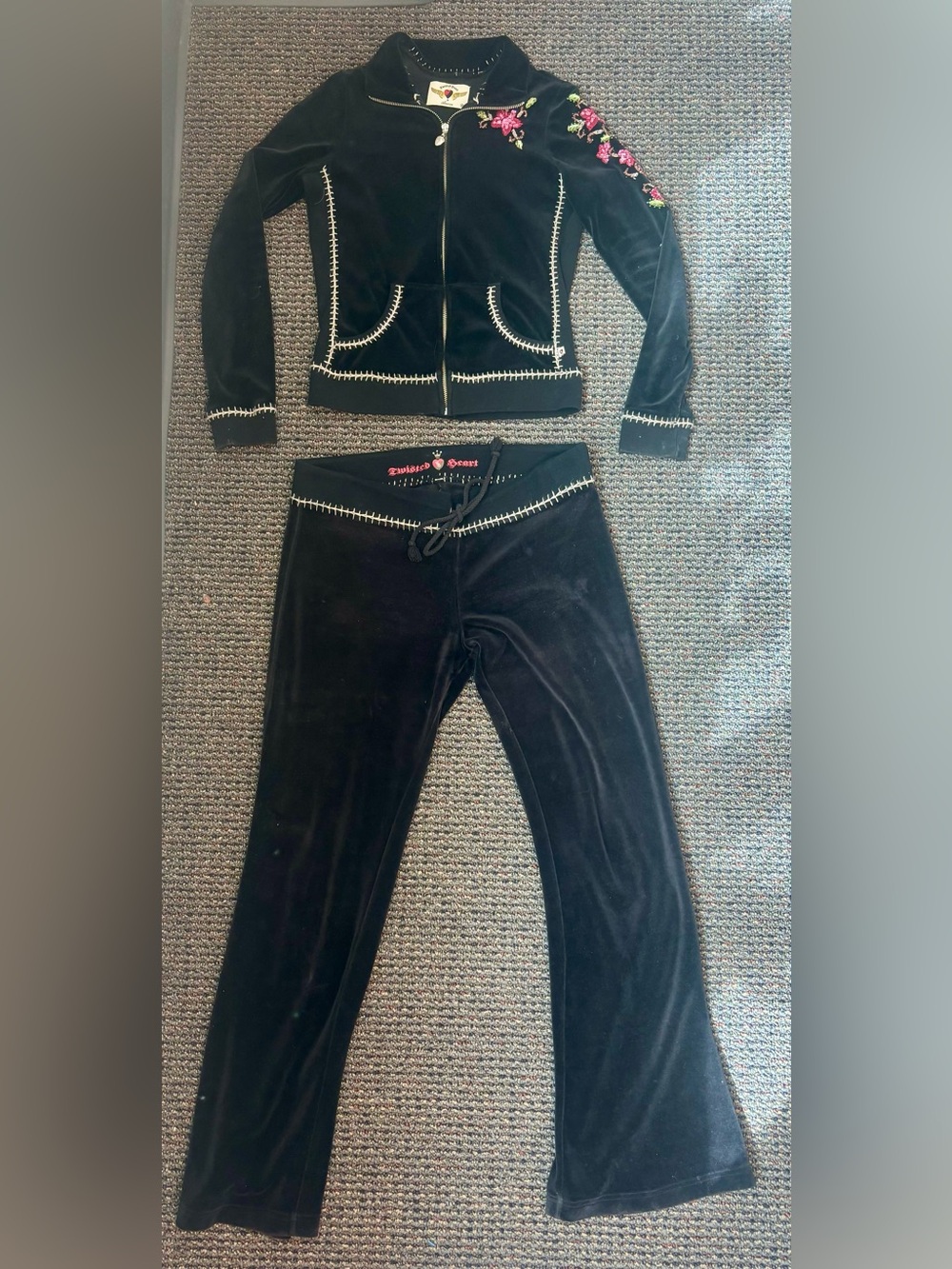 TWISTED HEART Black Velour Drawstring Track Pants with Pink Floral Accent
